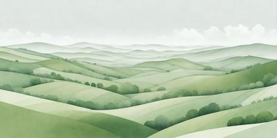 The primary subject of the image is a large, lush green hillside with a mountainous landscape. The setting is a beautiful, grassy field with a mountain range in the background. The visual style is a combination of digital art and illustration, creating a vibrant and detailed scene. The colors and mood are predominantly green, conveying a sense of tranquility and natural beauty.