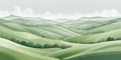 The primary subject of the image is a large, lush green hillside with trees and mountains in the background. The setting is a beautiful, serene landscape with a mountain range visible in the distance. The visual style is a combination of digital art and illustration, creating a vibrant and detailed scene. The colors and mood are predominantly green, with a sense of tranquility and natural beauty.