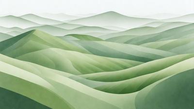 The primary subject of the image is a large, lush green hillside with a mountainous landscape. The setting is a vast, open field with a mountain range in the background. The visual style is a painting, which gives the image a vibrant and natural atmosphere. The dominant colors are green, which is prevalent throughout the scene, and the overall mood is serene and peaceful.