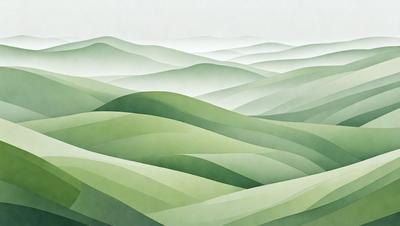 The primary subject of the image is a lush green hillside with a mountainous landscape. The setting is a large, open field with a mountain range in the background. The visual style is a combination of a photo and digital art, creating a realistic yet artistic representation of the scene. The colors and mood are predominantly green, conveying a sense of tranquility and natural beauty.