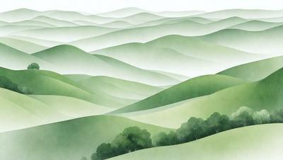 The primary subject of the image is a lush green hillside with a mountainous landscape. The setting is a large, open field with a mountain range in the background. The visual style is a combination of digital art and illustration, creating a vibrant and detailed scene. The colors and mood are predominantly green, with a sense of tranquility and natural beauty.
