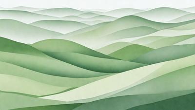 The primary subject of the image is a large, lush green hillside with a mountainous landscape. The setting is a beautiful, natural environment with a backdrop of mountains. The visual style of the image is a combination of photo and digital art, creating a realistic yet artistic representation of the landscape. The dominant colors in the image are green, which is prevalent in the grassy hillside, and various shades of green from the mountains. The overall atmosphere of the image is serene and peaceful, showcasing