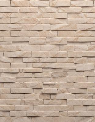 The primary subject of the image is a large, tan brick wall. The setting is a room with the brick wall as the main focus. The visual style is a photo of the brick wall, showcasing its texture and color. The dominant colors are tan and brown, giving the wall a natural and earthy appearance.