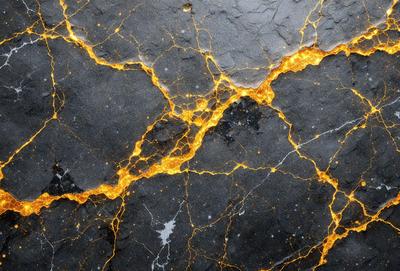 The primary subject of the image is a close-up of a cracked, yellowed, and bubbly surface, possibly a piece of art or a wall. The setting is a dark room, and the visual style appears to be a combination of a photo and digital art. The colors and mood of the image are predominantly dark and moody, with the yellowed and bubbly surface adding a sense of decay or aging.