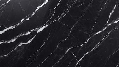 The primary subject of the image is a marble countertop with a black and white pattern. The setting is a kitchen, and the visual style is a close-up of the marble countertop. The colors and mood of the image are predominantly black and white, giving it a classic and elegant appearance.