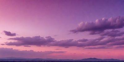 The primary subject of the image is a beautiful sunset with a purple sky. The setting is a cityscape, with buildings and a mountain visible in the background. The visual style is a photo, capturing the vibrant colors and the serene atmosphere of the sunset. The colors and mood of the image are predominantly purple, creating a sense of calmness and tranquility.