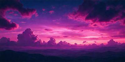 The primary subject of the image is a beautiful sunset with a purple sky. The setting is a mountain range, with the sun setting behind the mountains. The visual style is a painting, which captures the vibrant colors and the serene atmosphere of the scene. The colors and mood of the image are predominantly purple, creating a sense of tranquility and awe as the sun sets behind the mountains.