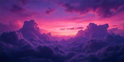 The primary subject of the image is a beautiful purple sunset with clouds. The setting is a vast, cloudy sky, and the visual style is a digital art or illustration. The colors and mood of the image are predominantly purple, creating a serene and dreamy atmosphere.