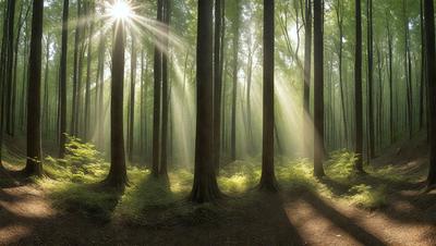 The primary subject of the image is a forest filled with tall trees. The setting is a lush green forest with sunlight shining through the trees, creating a serene and peaceful atmosphere. The visual style of the image is a photo, capturing the beauty of the natural environment. The colors and mood of the image are predominantly green, with the sunlight adding a warm and inviting touch to the scene.