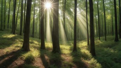 The primary subject of the image is a forest filled with tall trees. The setting is a lush green forest with sunlight streaming through the trees, creating a serene and peaceful atmosphere. The visual style is a photo of the forest, capturing the beauty of the natural environment. The colors and mood are predominantly green, with the sunlight adding a warm and inviting touch to the scene.