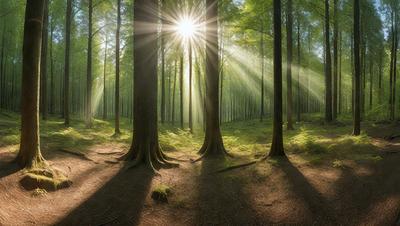 The primary subject of the image is a forest filled with tall trees. The setting is a lush green forest with sunlight shining through the trees, creating a serene and peaceful atmosphere. The visual style is a photo of the forest, capturing the beauty of the natural environment. The colors and mood are predominantly green, with the sunlight adding a warm and inviting touch to the scene.