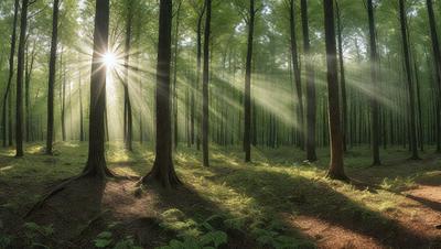 The primary subject of the image is a forest filled with tall trees. The setting is a lush green forest with sunlight shining through the trees, creating a serene and peaceful atmosphere. The visual style of the image is a photo, capturing the beauty of the natural environment. The colors and mood of the image are predominantly green, with the sunlight adding a warm and inviting touch to the scene.