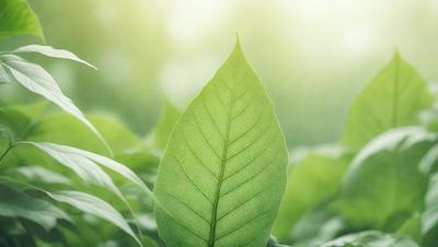 The primary subject of the image is a large green leaf, which is the main focus of the scene. The leaf is situated in a lush green environment, surrounded by other green leaves. The visual style of the image is a photo, capturing the natural beauty of the leaf and its surroundings. The colors and mood of the image are predominantly green, creating a serene and peaceful atmosphere.