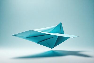 The primary subject of the image is a blue paper airplane. The setting is a blue background, which creates a contrasting and visually appealing scene. The visual style is a combination of photo and digital art, as the paper airplane appears to be a digital illustration. The colors and mood of the image are predominantly blue, giving it a calm and serene atmosphere.