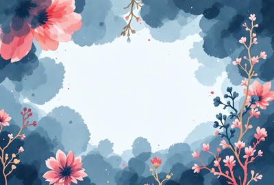 The primary subject of the image is a blue and white floral pattern. The setting is a cloudy sky, and the visual style is a combination of digital art and illustration. The dominant colors are blue and white, creating a calm and serene atmosphere.