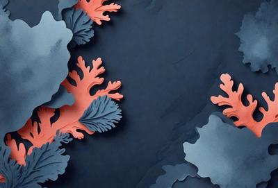The primary subject of the image is a blue and orange paper cutout of a coral reef. The setting is a blue background, which creates a contrasting and visually appealing scene. The visual style is a combination of digital art and illustration, as the paper cutout is skillfully crafted and placed on the blue background. The colors and mood of the image are vibrant and lively, with the blue background providing a sense of depth and the orange and blue coral reef cutout adding a touch of
