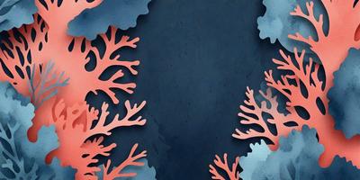 The primary subject of the image is a close-up of a coral reef, featuring a variety of coral shapes and colors. The setting is a dark blue background, which contrasts with the vibrant colors of the coral. The visual style is a combination of digital art and illustration, creating a realistic and detailed representation of the coral reef. The dominant colors are blue, black, and various shades of pink and orange, which evoke a sense of depth and beauty in the underwater environment.