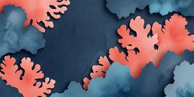 The primary subject of the image is a blue background with a pattern of orange and pink flowers. The setting appears to be a dark, moody environment. The visual style of the image is a combination of digital art and illustration, creating a unique and artistic appearance. The dominant colors in the image are blue, orange, and pink, giving it a vibrant and lively atmosphere.