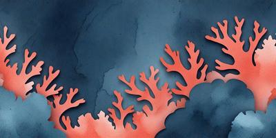 The primary subject of the image is a close-up of a coral reef, featuring a variety of coral shapes and colors. The setting is a dark blue background, which contrasts with the vibrant colors of the coral. The visual style is a combination of photo and digital art, creating a realistic yet artistic representation of the coral reef. The dominant colors are blue, orange, and white, with the blue background providing a moody atmosphere.