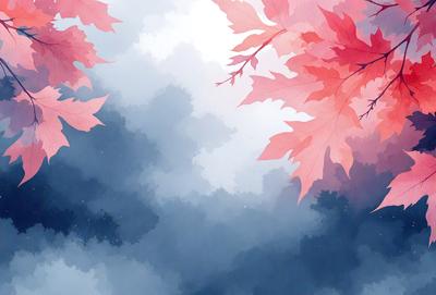 The primary subject of the image is a tree with red leaves. The tree is surrounded by a cloudy sky, which creates a moody atmosphere. The setting is outdoors, with the tree being the main focus of the scene. The visual style of the image is a combination of photo and digital art, giving it a unique and artistic appearance. The dominant colors in the image are red and blue, with the red leaves of the tree standing out against the blue sky.