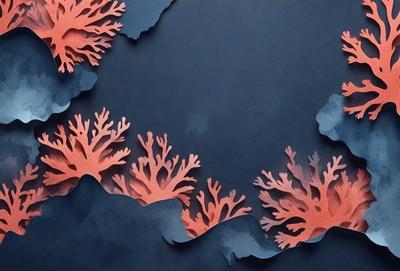The primary subject of the image is a large, intricate, and colorful coral reef design. The setting is a dark blue background, which contrasts with the vibrant colors of the coral reef. The visual style is a combination of digital art and illustration, creating a unique and eye-catching pattern. The dominant colors are pink, orange, and blue, giving the scene a lively and energetic atmosphere.