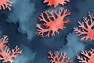 The primary subject of the image is a close-up of a pink and orange coral reef. The setting is a blue background, which creates a striking contrast with the vibrant colors of the coral. The visual style is a combination of digital art and illustration, giving the image a unique and artistic appearance. The dominant colors are pink and orange, which evoke a sense of warmth and life in the underwater scene.