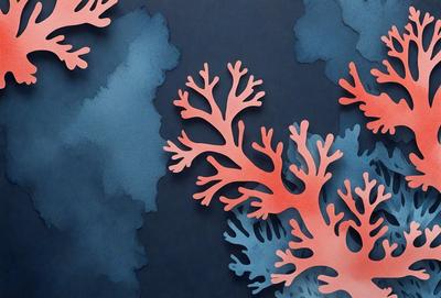 The primary subject of the image is a close-up of a coral reef, featuring a variety of coral shapes and colors. The setting is a dark blue background, which contrasts with the vibrant colors of the coral. The visual style is a combination of digital art and illustration, creating a realistic and detailed representation of the coral reef. The dominant colors are blue, orange, and white, with the blue background providing a calming and serene atmosphere.