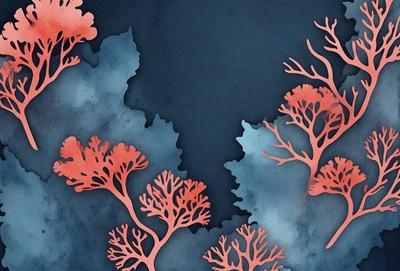 The primary subject of the image is a close-up of a coral reef, featuring a variety of coral branches and sea plants. The setting is a dark blue background, which contrasts with the vibrant colors of the coral reef. The visual style is a combination of digital art and illustration, creating a realistic and detailed representation of the underwater environment. The dominant colors are shades of blue, pink, and orange, which evoke a sense of depth and beauty in the coral reef.