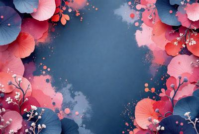 The primary subject of the image is a blue background with a white frame. The setting is a colorful and artistic display of flowers, with pink and purple hues dominating the scene. The visual style is a combination of digital art and illustration, creating a vibrant and lively atmosphere. The colors and mood of the image are cheerful and uplifting, with the flowers adding a sense of freshness and natural beauty to the scene.