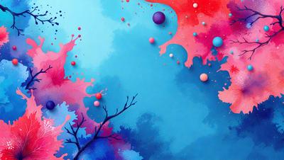 The primary subject of the image is a tree with a blue background. The setting appears to be a painting or digital artwork, as the tree is depicted in a colorful and artistic manner. The visual style is a mix of digital art and illustration, creating a vibrant and lively atmosphere. The dominant colors in the image are blue and pink, which contribute to the overall mood of the scene.