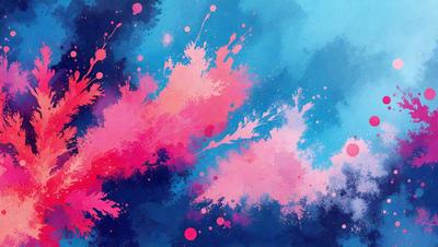 The primary subject of the image is a colorful painting or drawing featuring a blue background with pink and purple splashes. The visual style appears to be a mix of digital art and illustration, creating a vibrant and lively atmosphere. The colors and mood of the image are predominantly pink, purple, and blue, with the pink splashes adding a touch of warmth to the overall composition.