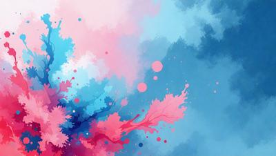 The primary subject of the image is a colorful, abstract painting featuring a tree with pink, blue, and purple colors. The setting is a cloudy sky, which serves as the backdrop for the painting. The visual style is a combination of digital art and illustration, creating a vibrant and dynamic scene. The colors and mood of the painting are lively and energetic, with the pink, blue, and purple hues evoking a sense of joy and creativity.