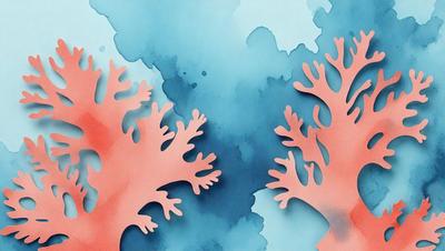 The primary subject of the image is a close-up of a coral reef, featuring a variety of coral shapes and colors. The setting is a blue and white ocean, with a cloudy sky visible in the background. The visual style is a combination of digital art and illustration, creating a vibrant and detailed representation of the coral reef. The dominant colors are blue, white, and various shades of pink and orange, which contribute to the overall mood of the image, evoking a sense of beauty