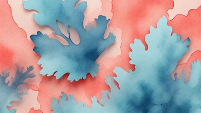 The primary subject of the image is a blue and pink painting of a tree. The setting is a colorful background, and the visual style appears to be a digital art or illustration. The dominant colors in the painting are blue and pink, creating a vibrant and lively atmosphere.