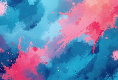 The primary subject of the image is a colorful, abstract painting featuring a mix of blue, pink, and red hues. The setting is a wall, and the visual style appears to be a combination of digital art and illustration. The painting creates a vibrant and lively atmosphere, with the colors and patterns creating a sense of depth and movement.