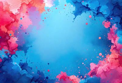 The primary subject of the image is a blue background with a few pink and purple dots scattered throughout. The setting appears to be a colorful, abstract art piece. The visual style is a mix of digital art and illustration, creating a vibrant and lively atmosphere. The dominant colors are blue, pink, and purple, which contribute to the overall mood of the image.