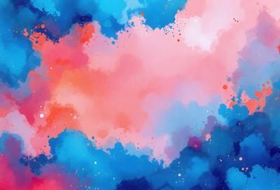 The primary subject of the image is a colorful, abstract painting featuring a mix of blue, pink, and orange hues. The setting is a cloudy sky, which serves as the backdrop for the painting. The visual style of the image is a combination of digital art and illustration, creating a vibrant and dynamic atmosphere. The dominant colors in the painting are blue, pink, and orange, which contribute to the overall mood of the artwork.