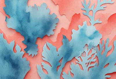 The primary subject of the image is a blue and pink colored artwork featuring a variety of sea plants. The setting is a pink background, and the visual style appears to be a combination of digital art and illustration. The colors and mood of the artwork are vibrant and lively, with the blue and pink hues creating a sense of depth and contrast.
