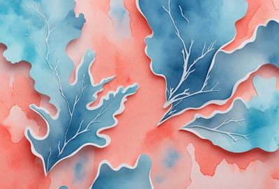 The primary subject of the image is a blue and pink leaf, which is the main object, scene, or focus of the image. The setting/background features a pink and blue color scheme, which gives the image a vibrant and lively atmosphere. The visual style of the image is a combination of digital art and illustration, as it appears to be a digital artwork or illustration of a leaf. The colors and mood of the image are predominantly blue and pink, creating a sense of freshness and