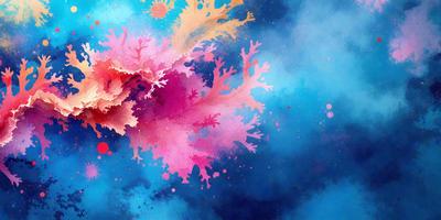 The primary subject of the image is a colorful, abstract painting featuring a variety of shapes and colors. The painting is set against a blue background, which adds to the overall atmosphere of the piece. The visual style of the painting is a combination of digital art and illustration, creating a unique and vibrant appearance. The dominant colors in the painting include pink, blue, and orange, which contribute to the lively and energetic mood of the artwork.