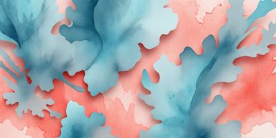 The primary subject of the image is a blue and pink watercolor painting featuring a leafy design. The setting is a pink and blue background, which adds to the overall visual style. The painting appears to be a digital art or illustration, showcasing a unique and artistic approach to the subject matter. The dominant colors in the painting are blue and pink, creating a vibrant and lively atmosphere.