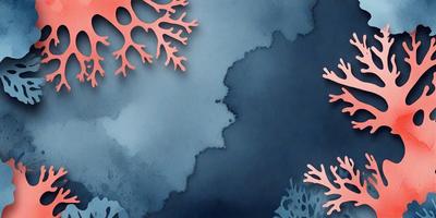The primary subject of the image is a blue background with a pattern of orange and white seaweed. The setting appears to be an underwater environment, possibly a coral reef. The visual style of the image is a combination of digital art and illustration, creating a unique and vibrant atmosphere. The dominant colors are blue, orange, and white, which contribute to the overall mood of the image, evoking a sense of depth and beauty.