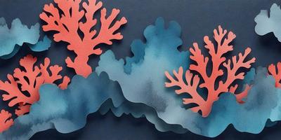 The primary subject of the image is a colorful, three-dimensional paper cutout of a coral reef. The setting is a dark blue background, which contrasts with the vibrant colors of the coral reef. The visual style is a combination of digital art and illustration, creating a unique and eye-catching design. The colors and mood of the image are lively and energetic, with the coral reef serving as a focal point and a symbol of the underwater world.