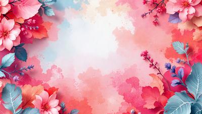 The primary subject of the image is a pink and blue floral background with a white space in the middle. The setting is a colorful, artistic design with a mix of pink, blue, and white colors. The visual style is a combination of digital art and illustration, creating a vibrant and lively atmosphere. The dominant colors are pink, blue, and white, with the pink flowers and blue background creating a cheerful and uplifting mood.