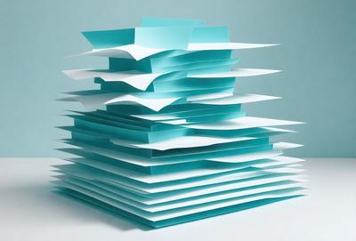 The primary subject of the image is a stack of blue and white paper. The setting is a white surface, and the visual style appears to be a digital art or illustration. The colors and mood of the image are predominantly blue and white, creating a clean and organized appearance.