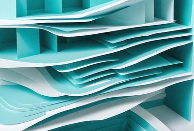 The primary subject of the image is a stack of blue paper. The setting is a room with a blue wall, and the visual style is a close-up of the paper. The colors and mood of the image are predominantly blue, creating a calm and serene atmosphere.