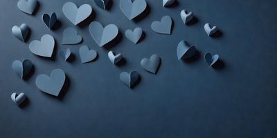 The primary subject of the image is a collection of hearts, which are displayed on a blue background. The hearts are made of paper and are arranged in various shapes and sizes. The setting is a wall, and the visual style is a combination of digital art and illustration. The dominant colors in the image are blue and white, creating a calm and serene atmosphere.