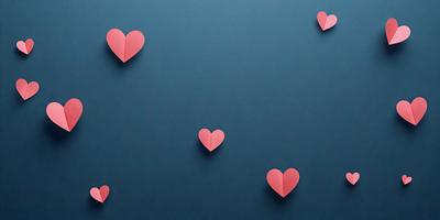 The primary subject of the image is a collection of pink hearts, which are placed on a blue background. The hearts are made of paper and are arranged in various positions, creating a visually appealing and playful scene. The setting is a blue wall, which serves as the backdrop for the hearts. The visual style of the image is a combination of digital art and illustration, as the hearts are created using paper and then digitally placed on the blue wall. The colors and mood of the image are predominantly blue and