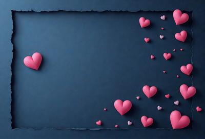 The primary subject of the image is a blue background with a pattern of hearts. The hearts are scattered across the background, creating a visually appealing and heartwarming scene. The setting appears to be a dark room, with the hearts being the main focus of the image. The visual style is a combination of digital art and illustration, as the hearts are created with a pattern and the overall atmosphere is warm and inviting.