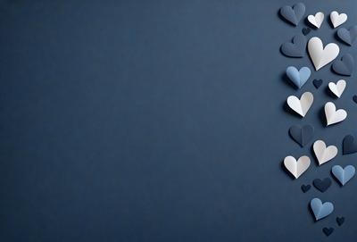 The primary subject of the image is a collection of hearts, which are arranged in various shapes and sizes. The hearts are displayed against a blue background, creating a visually appealing and cohesive design. The visual style of the image is a combination of digital art and illustration, as the hearts are carefully crafted and placed on the blue surface. The overall atmosphere of the image is warm, inviting, and playful, as the hearts evoke feelings of love and affection.